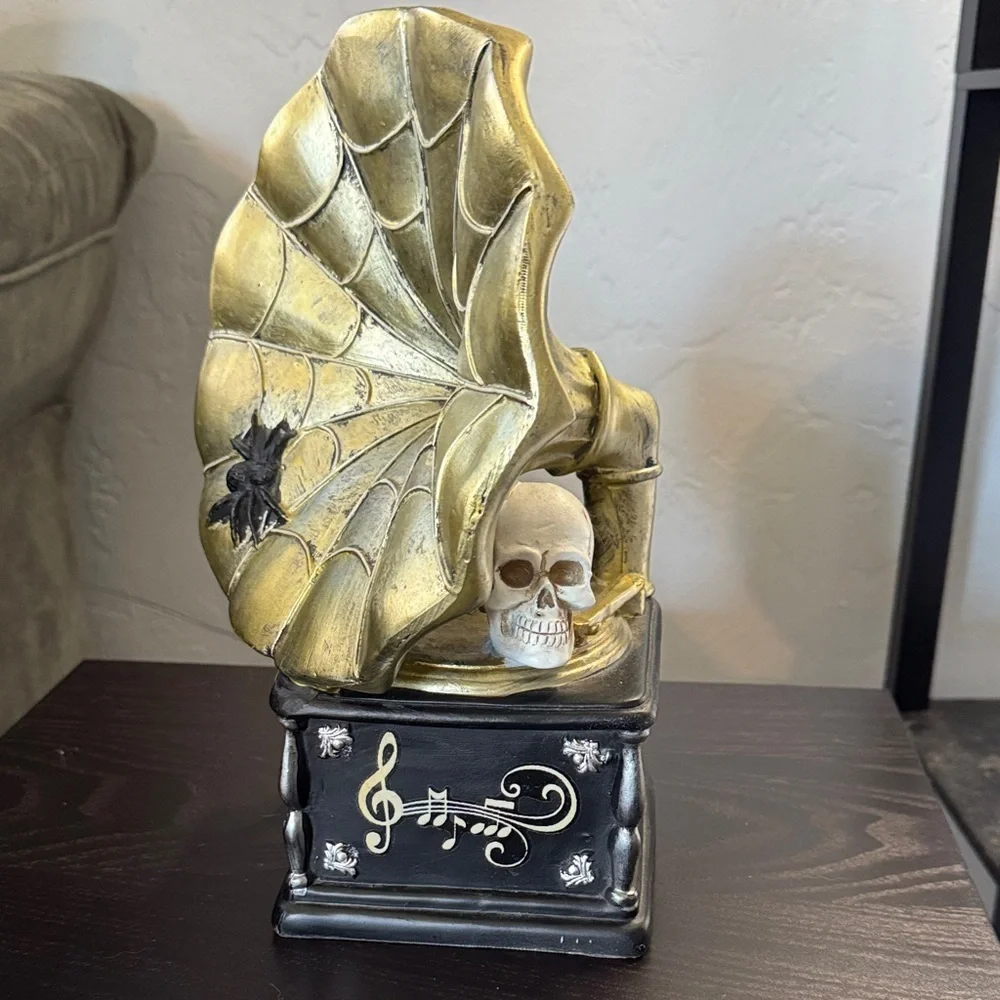 Vintage-Inspired Gold and Black Skull Phonograph Decor